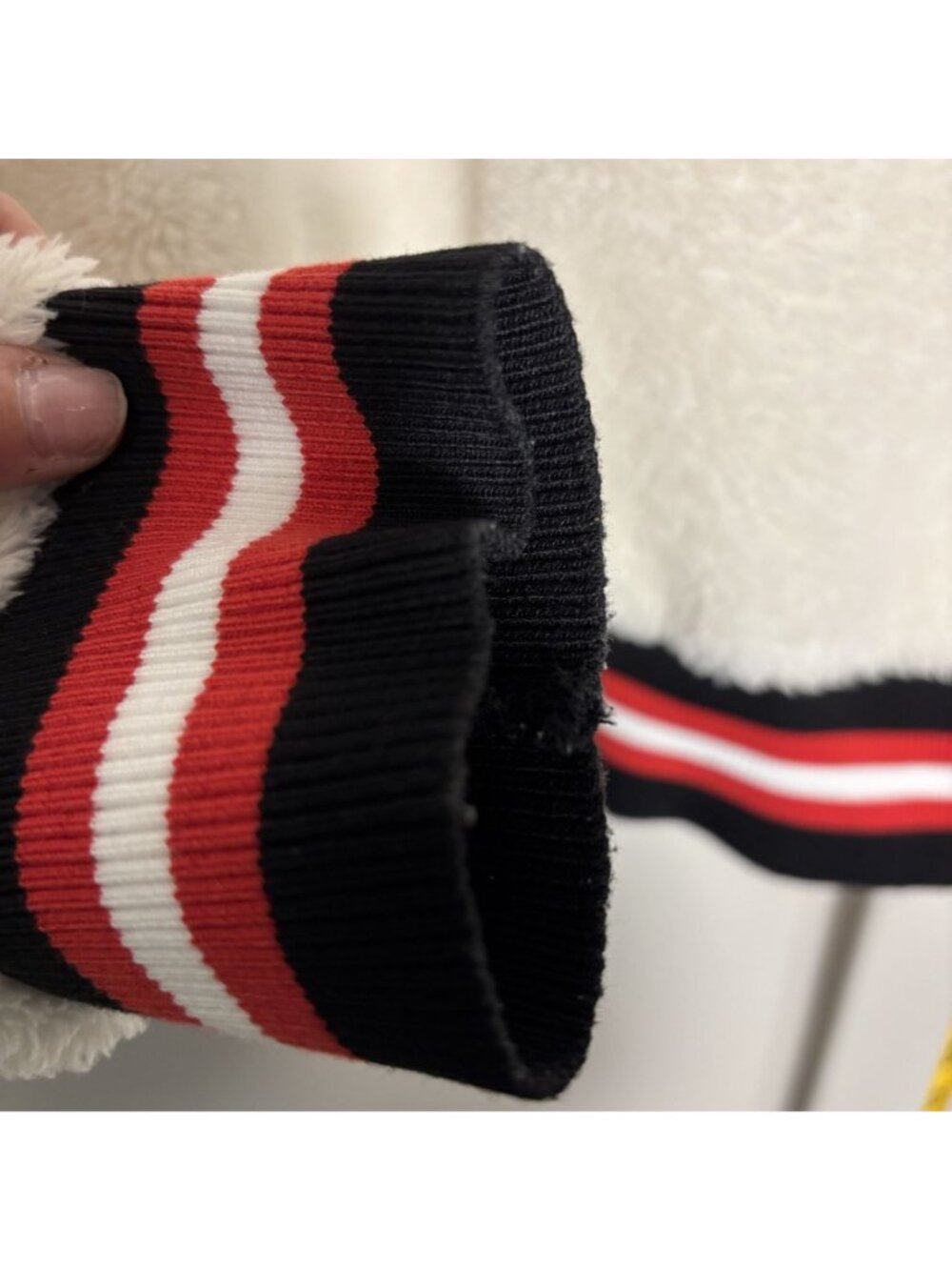 Evereve Off White Varsity Teddy Knit Pullover With Striped Red and Black Trim - Picture 7 of 8